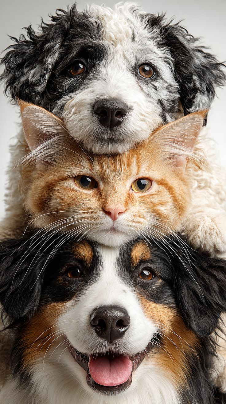 Cachorro, gato e cachorro empilhados